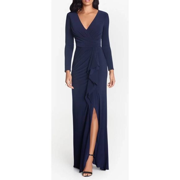 Betsy & Adam Elle Long Sleeve Side Ruffled Slit Gown Navy Blue Size 8 NEW - Picture 1 of 9